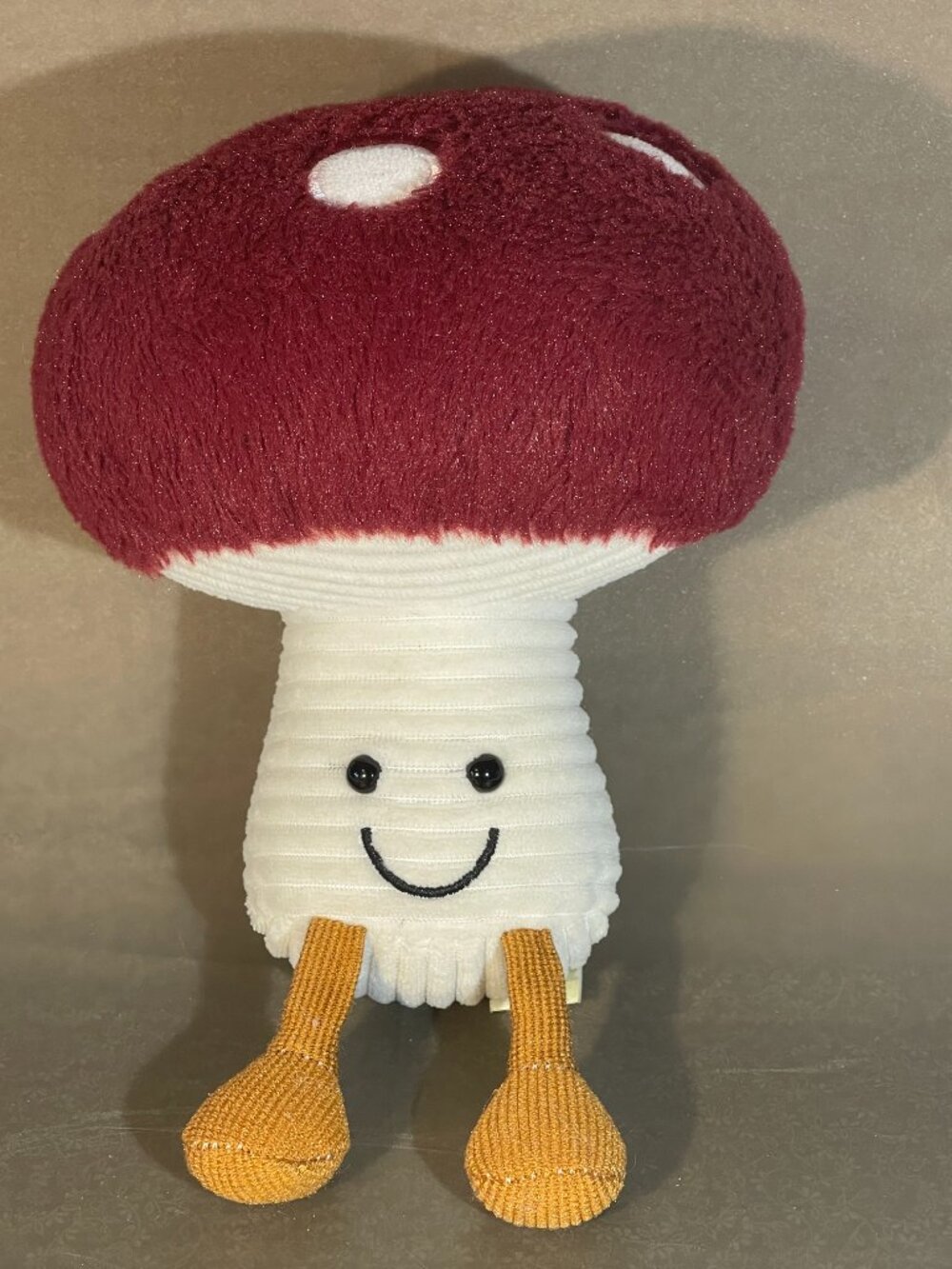 Mushroom Plush Stuffed Toy Red White Happy Face Smile Burgundy 9” (#785)
